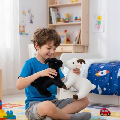 peluche chèvre ami avec petit garcon