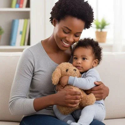 Peluche Chien couleur caramel avec bébé et sa maman
