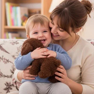 Peluche Chien marron avec une maman et son petit garcon