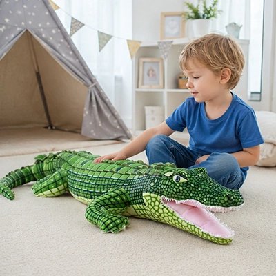 Peluche crocodile qui joue avec garcon
