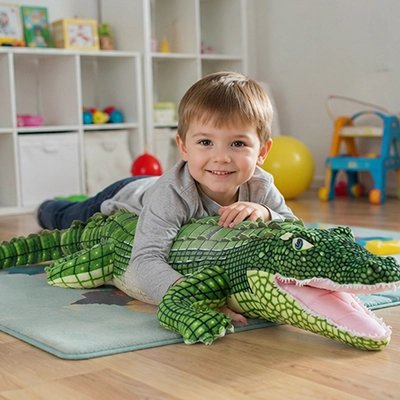 Peluche crocodile vert avec bébé qui joue 