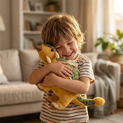 Peluche dinosaure dans les bras d'un garco