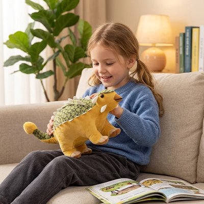 Peluche dinosaure jaune avec petite fille sur le canapé