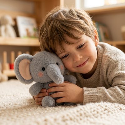 Peluche elephant  qui fait calin a un bebe garcon
