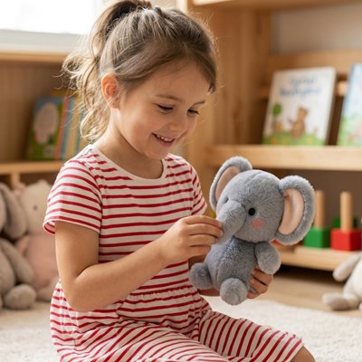 Peluche elephant qui joue avec petite fille