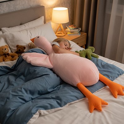Peluche géante​ canard rose sur le lit