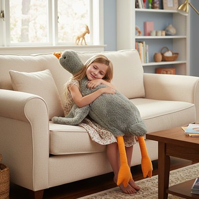 Peluche géante​ grise avec un enfant sur le canapé blanc