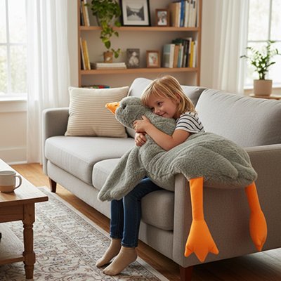 Peluche géante​ grise sur le canape gris