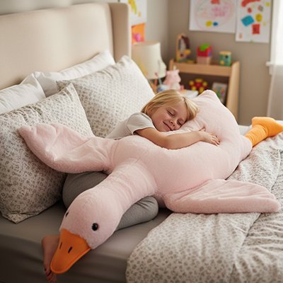 Peluche géante​ rose sur le lit de maman avec enfant