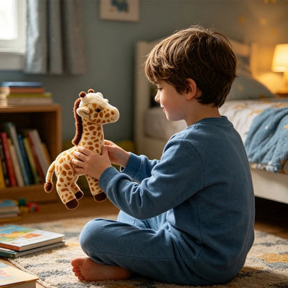 Peluche girafe qui ecoute les secrets de petit garcon