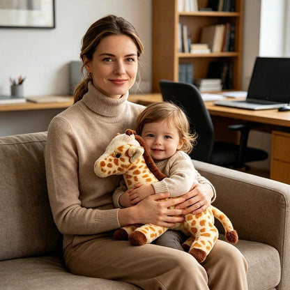 Peluche girafe qui fait calin a bébé dans les bras de maman