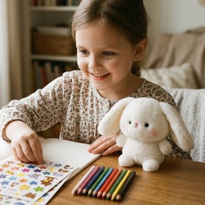 Peluche lapin a coté de petite fille qui colorie sur son bureau