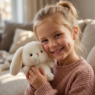 Peluche lapin blanc avec petite fille qui sourit