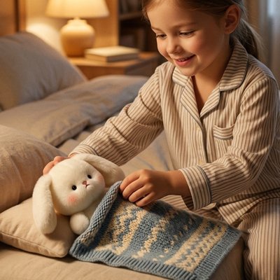 Peluche lapin coucher avec couverture bleu et petite fille