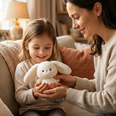 Peluche lapin donné par maman a bébé