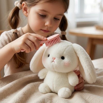 Peluche lapin lapin avec petite fille qui coiffe 