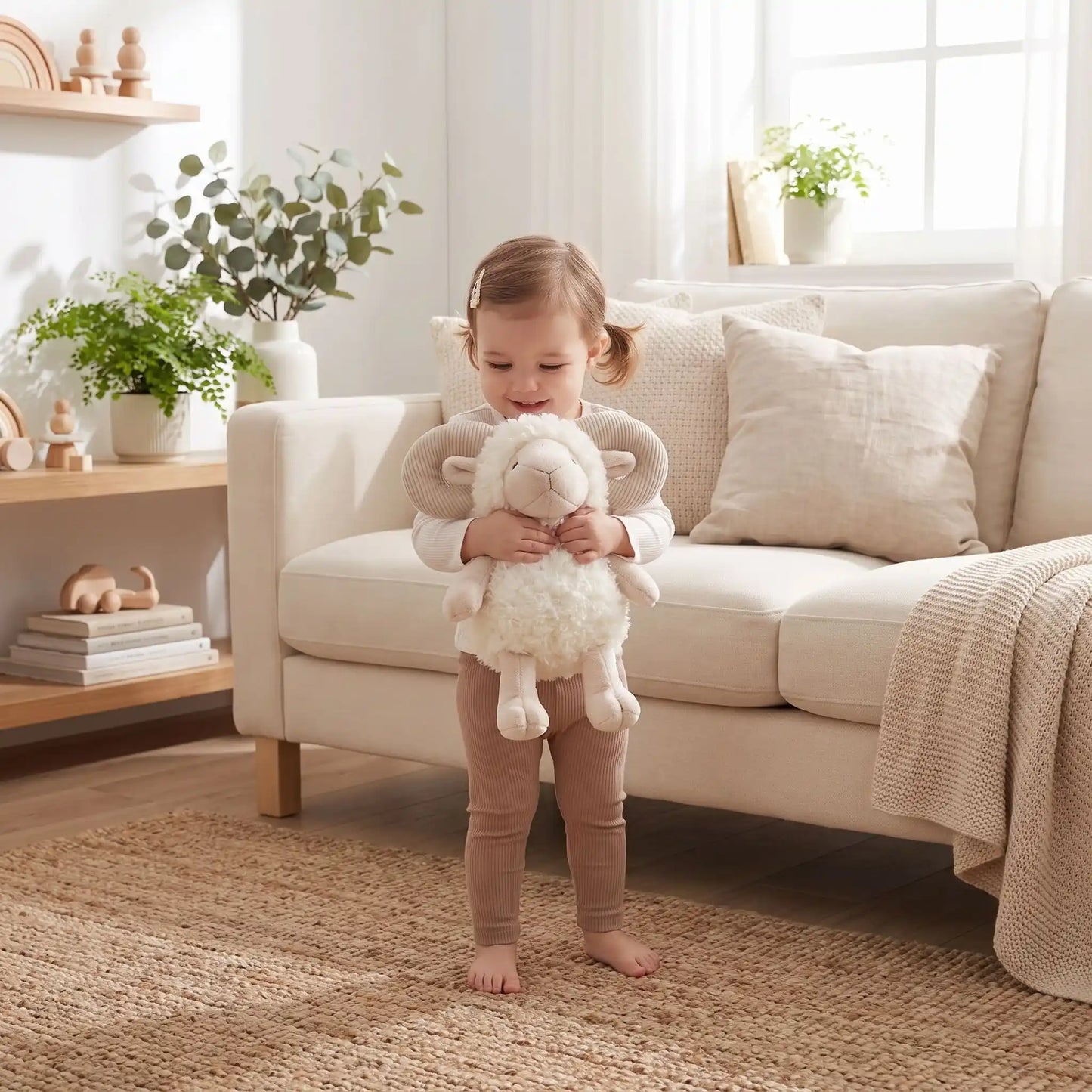 Petite fille souriante avec doudou mouton ultra-doux, idéal pour le sommeil et l'éveil - Nanoukid