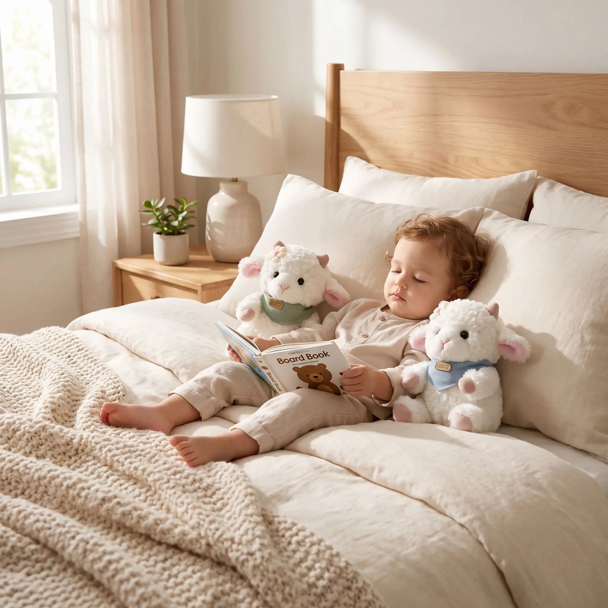 Bébé lisant un livre avec ses doudous moutons, moment doux d'éveil et de confort - Nanoukid