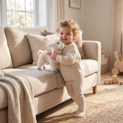 Bébé souriant avec doudou mouton doux, idéal cadeau naissance et confort sommeil - Nanoukid