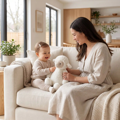Maman et bébé jouant avec un doudou mouton doux, idéal pour l'éveil et le sommeil - Nanoukid
