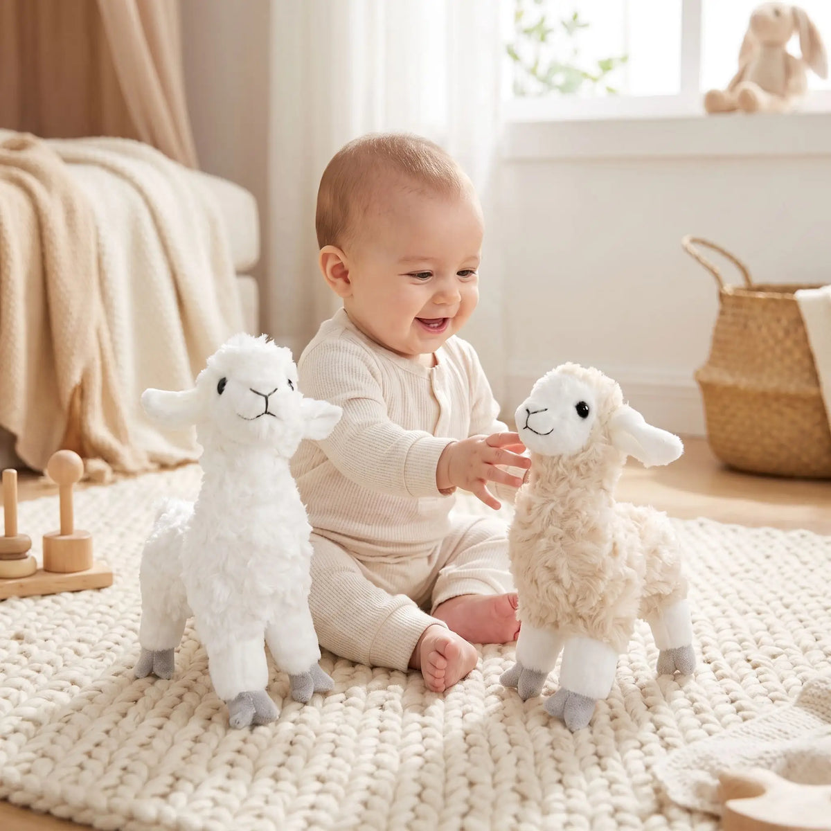 Bébé souriant avec doudous moutons doux pour éveil et confort, idéal cadeau naissance - Nanoukid