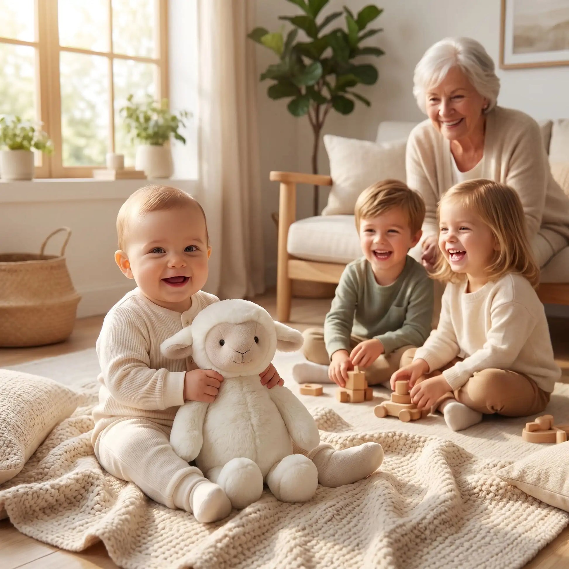 Bébé souriant avec doudou mouton, idéal pour sommeil et éveil, cadeau de naissance doux - Nanoukid