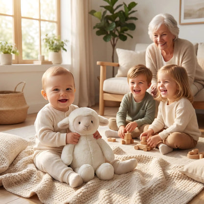 Bébé souriant avec doudou mouton, idéal pour sommeil et éveil, cadeau de naissance doux - Nanoukid