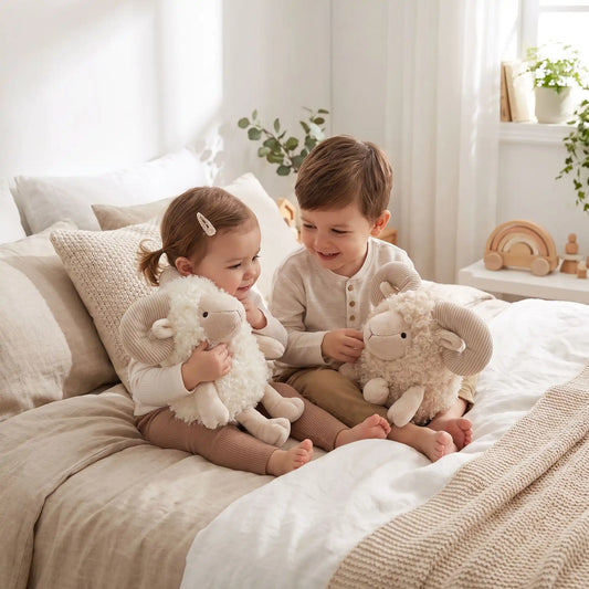 Deux enfants câlinent leurs doudous moutons doux pour un sommeil paisible et un éveil en douceur - Nanoukid