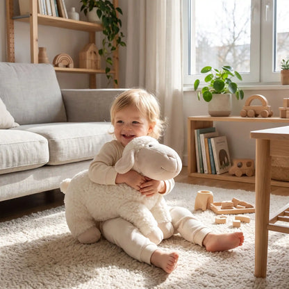 Bébé souriant avec doudou mouton doux, idéal pour le sommeil et l'éveil - Nanoukid