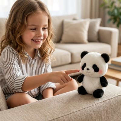 Peluche Panda avec petite fille qui sourit