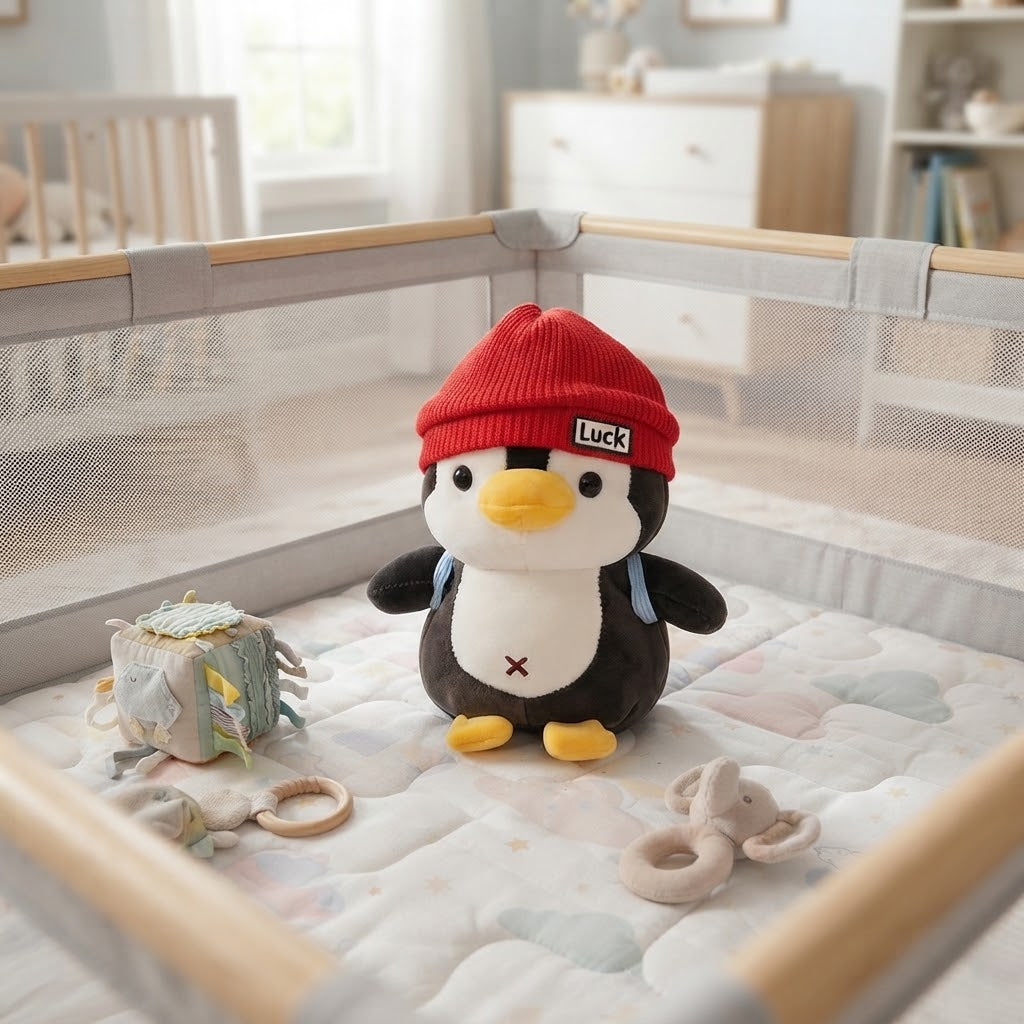 peluche pingouin avec bonnet rouge dans parc