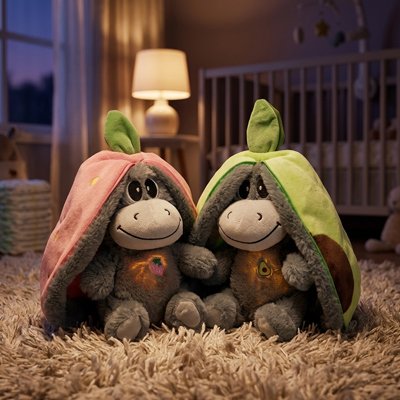 Peluche qui respire ane  avec des grandes oreilles fraise et avocat