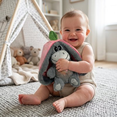 Peluche qui respire ane avec oreilles fraises
