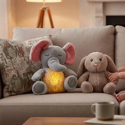 Peluche qui respire éléphant gris avec lapin brun posé sur le canapé