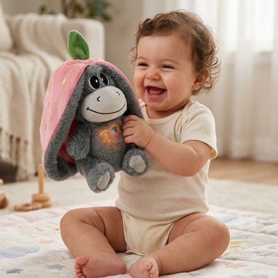 Peluche qui respire tenu par un bebe assis qui rit