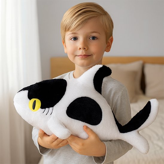 Peluche requin noir et blanc dans les mains de l'enfant