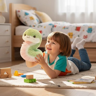 Peluche serpent kawaii et enfant parterre