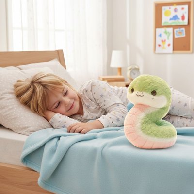 Peluche serpent  vert avec enfant
