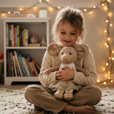 Peluche souris  dorée avec petite fille