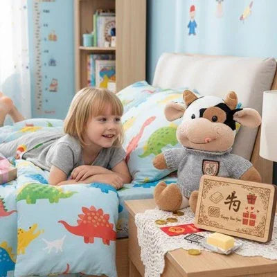 Peluche vache avec un pull gris et l enfant sur le lit