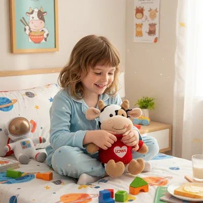 Peluche vache avec un pull rouge sur le lit avec un enfant