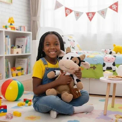 Peluche vache dans les bras d'une petite fille