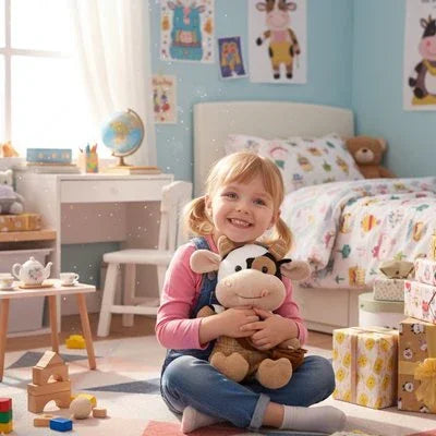 Peluche vache qui porte un pull brun et une petite fille