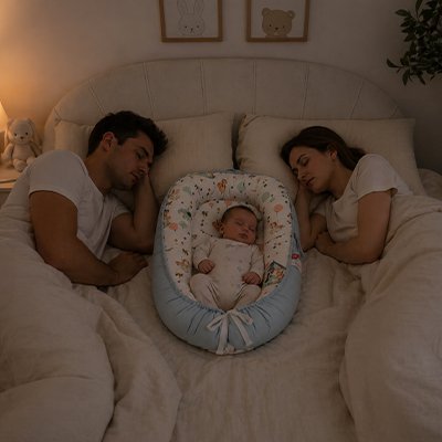 Reducteur de lit avec bébé entre maman et papa