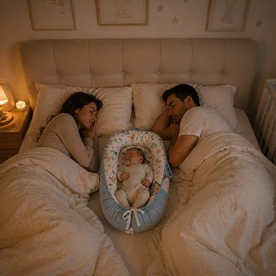 Reducteur de lit avec bébé qui dort protégé