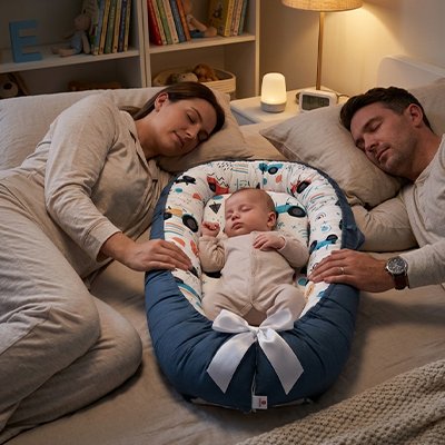 Reducteur de lit bebe au milieu des parents dans le grand lit