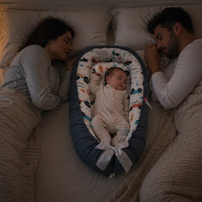 Reducteur de lit bebe avec bébé qui dort rassuré