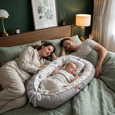 Reducteur de lit pour bebe avec bébé en sécurité a coté des parents