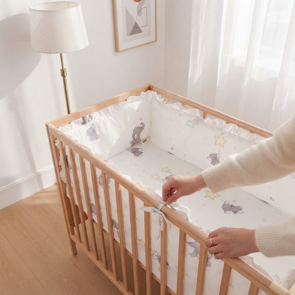 maman qui attache les sangles du tour de lit bébé 