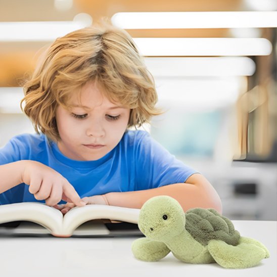 Tortue en peluche avec petit garcon qui lit